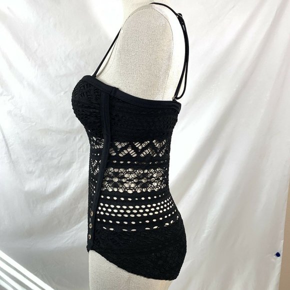One Piece Swimsuit Size 2 Lightly Lined Black Lace Crochet Sweetheart Spaghetti - Picture 4 of 10